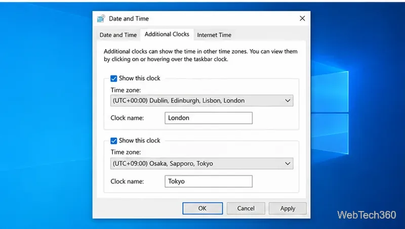 Additional Clocks settings with the first clock set to London and the second set to Tokyo