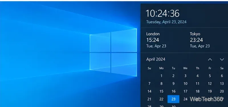Windows 10 taskbar calendar flyout displaying the additional London and Tokyo clocks above the calendar