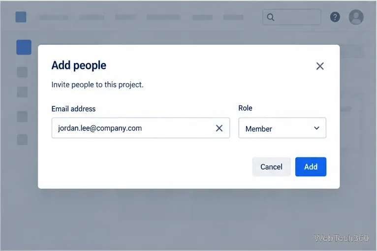 An Add people dialog with an email field, a Member role dropdown, and an Add button.
