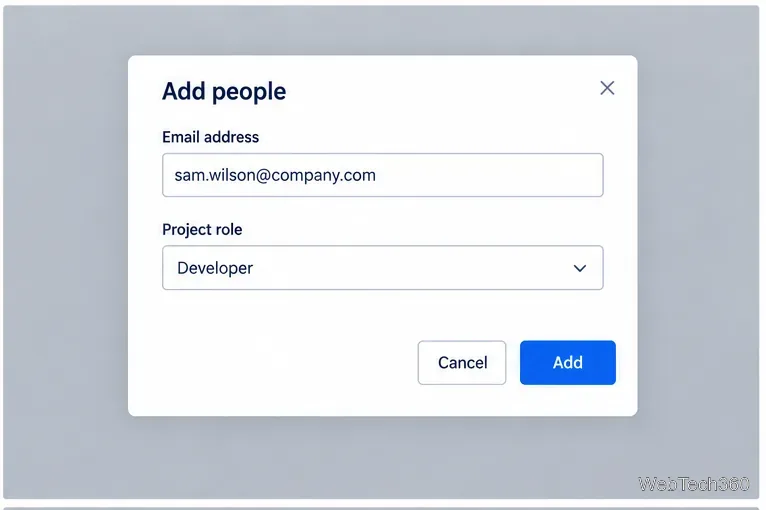 An Add people dialog for a company-managed project with an email address, Developer role, and Add button.