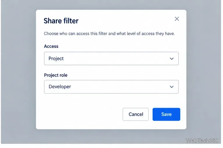 The Share filter dialog with access limited to a project role named Developer and a Save button.