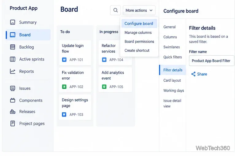 A Jira company-managed board with Configure board open to Filter details and the saved filter’s Share control.