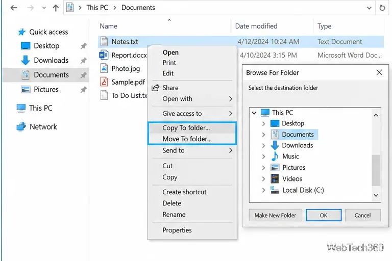 Контекстное меню проводника Windows 10 с пунктами «Копировать в папку» и «Переместить в папку», а также средством выбора места назначения.