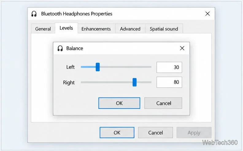 Eigenschaften der Bluetooth-Kopfhörer mit Anzeige des Balance-Dialogs mit separaten Schiebereglern für links und rechts.