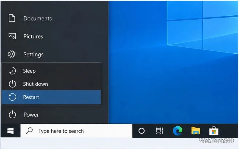 Windows 10-Energiemenü mit der Option „Neustart“ ausgewählt.