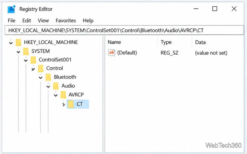 Registrierungseditor mit dem unter ControlSet001 ausgewählten Bluetooth AVRCP CT-Schlüssel.