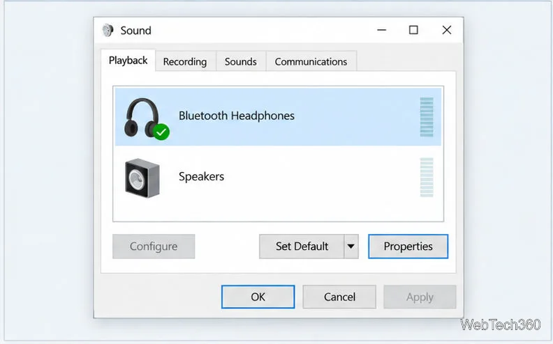 Das klassische Sound-Bedienfeld mit auf der Registerkarte „Wiedergabe“ ausgewählten Bluetooth-Kopfhörern und sichtbarer Schaltfläche „Eigenschaften“.
