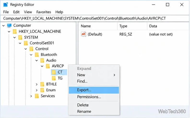 Kontextmenü des Registrierungseditors mit der Option „Exportieren“ für den Bluetooth CT-Schlüssel.