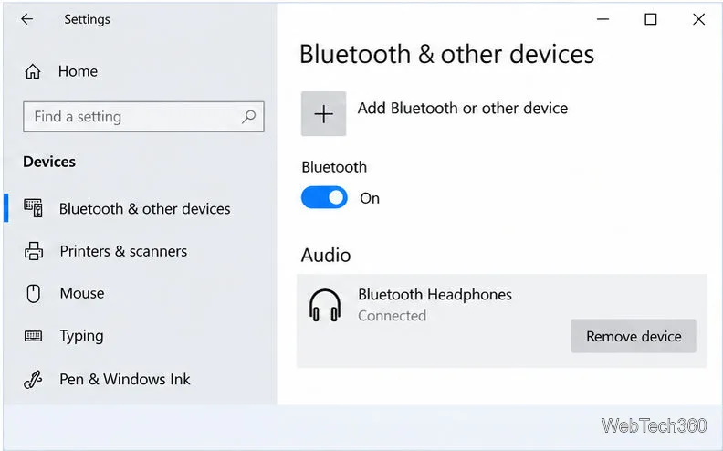 Windows 10 Bluetooth- und andere Geräteeinstellungen zeigen Bluetooth-Kopfhörer mit der Option "Gerät entfernen" an.