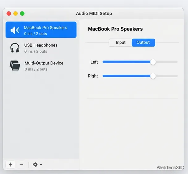 Configuration audio et MIDI avec les haut-parleurs du MacBook Pro sélectionnés et les curseurs de volume de sortie gauche et droit bleus.