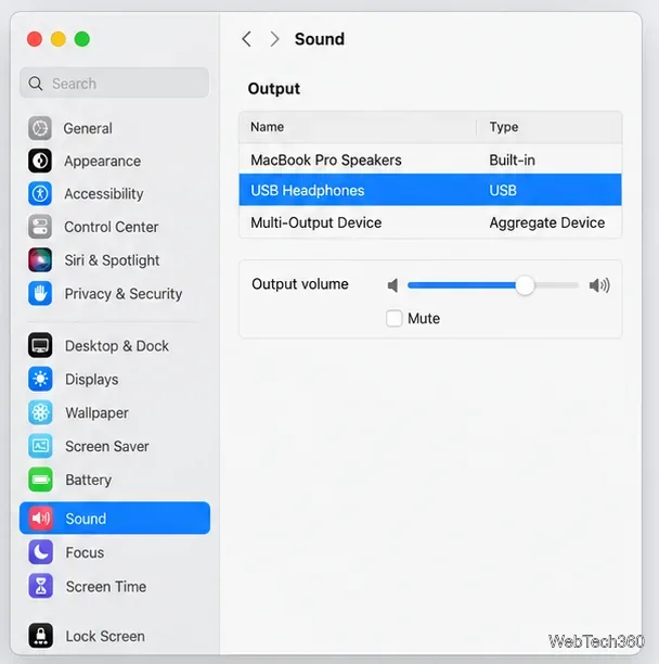 Liste des sorties audio des paramètres système avec les écouteurs USB sélectionnés et un curseur de volume de sortie actif.