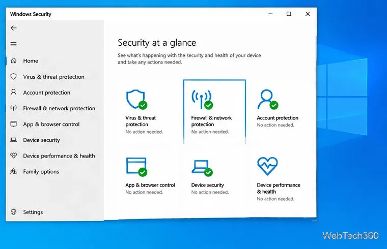 Панель мониторинга безопасности Windows с выделенными параметрами брандмауэра и сетевой защиты.