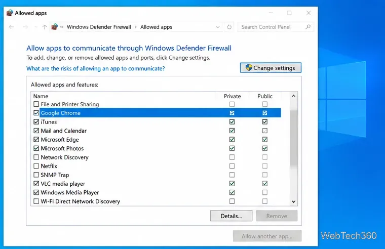 Окно «Разрешенные приложения» брандмауэра Windows Defender с кнопкой «Изменить параметры» и столбцами «Частная сеть» и «Общедоступная сеть».