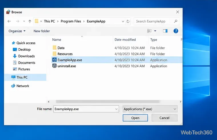 Программа выбора файлов Windows с выбранным файлом ExampleApp.exe в папке установки.