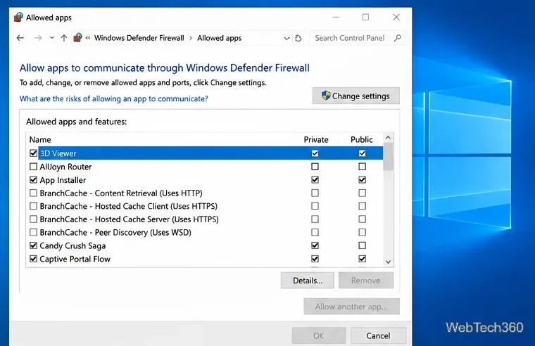 Список разрешенных приложений в брандмауэре Windows Defender с названиями приложений и флажками для частных и публичных разрешений.