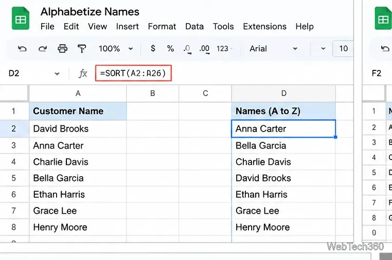 Une formule de tri trie par ordre alphabétique une liste de noms de clients dans une plage de sortie distincte.