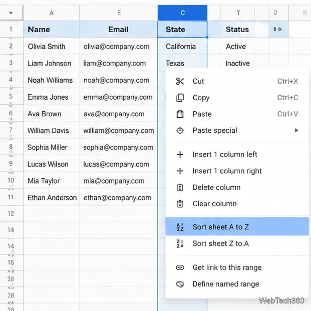 Menu de colonnes de Google Sheets avec la commande « Trier par feuille de A à Z » mise en évidence.