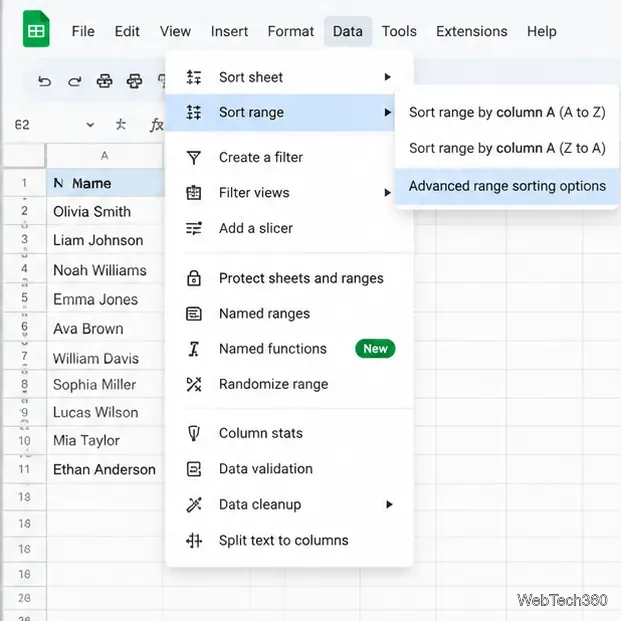 Le menu Données s'est ouvert sur les options de tri par plage et de tri avancé dans Google Sheets.