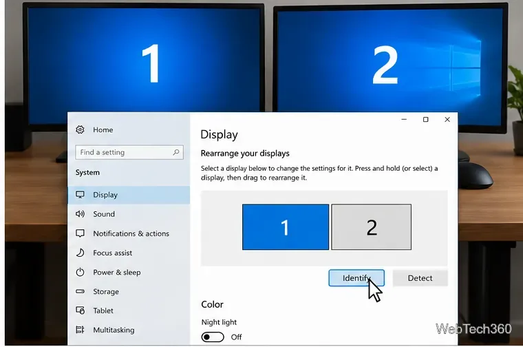 Windows 10 Identify button with large numbers appearing on two connected monitors