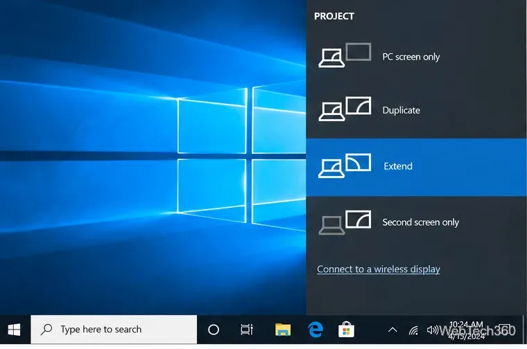 Windows 10 Project panel with Extend selected for multiple monitors