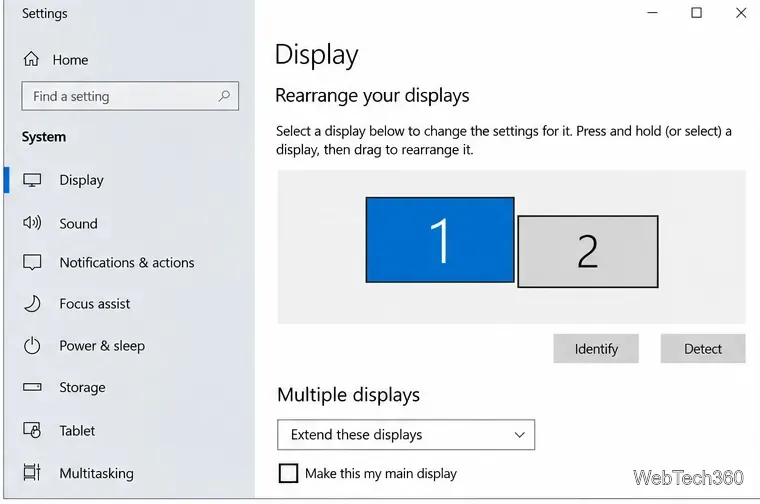 Windows 10 Multiple displays settings with Extend these displays and Make this my main display