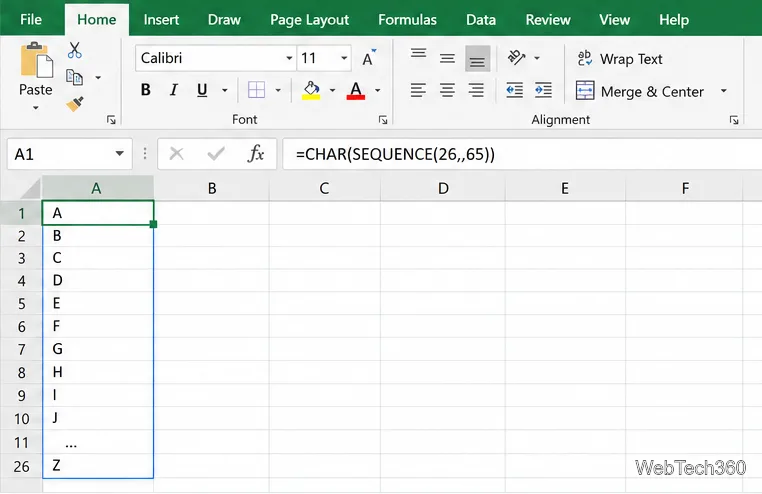 =CHAR(SEQUENCE(26,,65)) という式と、A から Z までの文字を表示する列を含む Excel ワークシート。