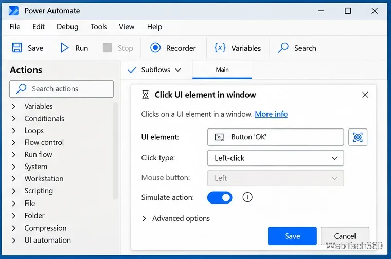 Power Automate คลิกที่องค์ประกอบ UI ในการตั้งค่าหน้าต่างด้วยการคลิกซ้ายและตัวเลือกจำลองการทำงาน