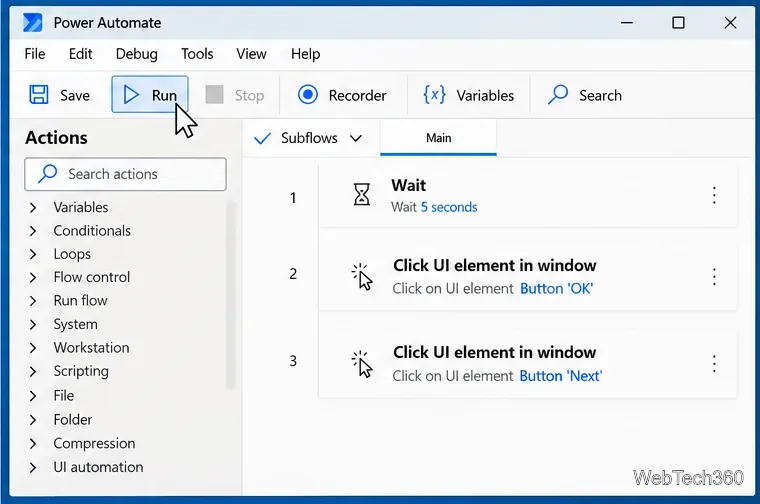 โฟลว์ Power Automate แสดงการรอ ตามด้วยการคลิกองค์ประกอบ UI สองครั้งในหน้าต่าง