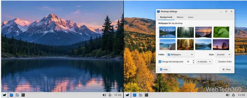 Ventana de configuración de escritorio Xfce en el monitor derecho en un escritorio de dos monitores.