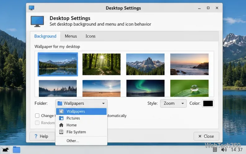 Pestaña Fondo de la configuración de escritorio de Xfce con el menú Carpeta abierto y Otros visibles.