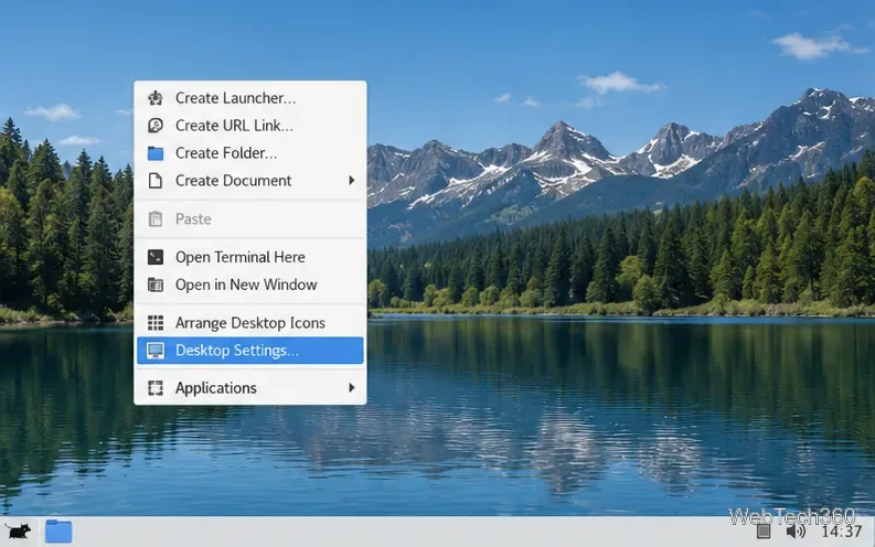Menú contextual del escritorio Xfce con la opción "Configuración del escritorio" resaltada.