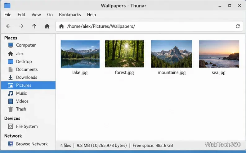 Cuatro archivos de imagen de paisajes se muestran como miniaturas dentro de la carpeta Imágenes/Fondos de pantalla en Thunar.