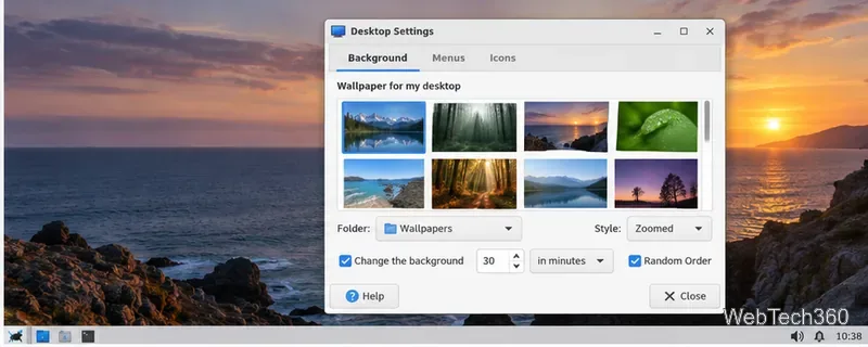 El menú de intervalos de Xfce muestra opciones en segundos, minutos, horas, inicio, por hora, por día y cronológicas.