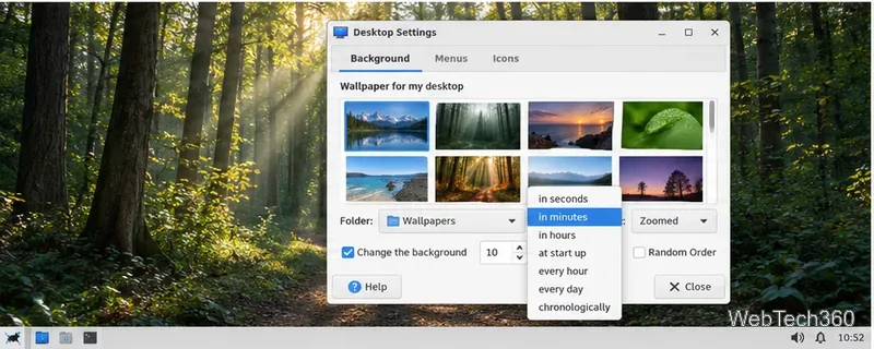 Configuración de Xfce en segundo plano con un intervalo de 30 minutos y la opción "Orden aleatorio" activada.