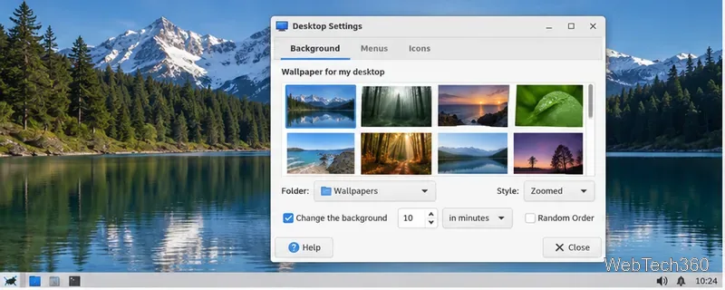 Configuración de fondo de Xfce con la opción Cambiar el fondo marcada y el intervalo configurado en minutos.