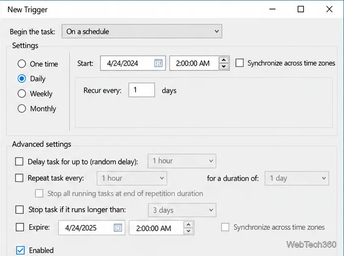 Caseta de dialog Declanșator nou din Programatorul de activități din Windows 10, cu opțiunea Zilnic selectată.