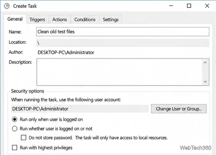 Caseta de dialog Creare sarcină din Planificatorul de activități Windows 10, în fila General.