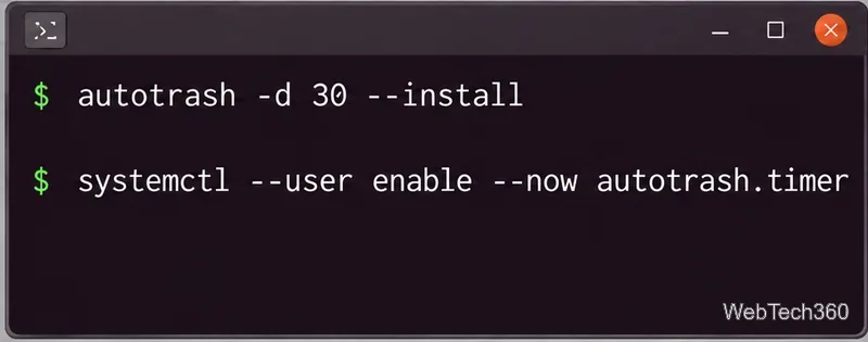 Terminal commands for creating and enabling the daily Autotrash systemd timer