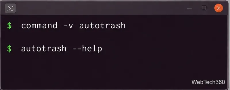 Linux terminal commands for locating the Autotrash executable and opening its help