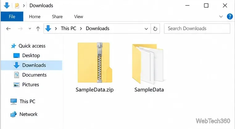 File Explorer afișează fișierul SampleData.zip lângă folderul SampleData extras.