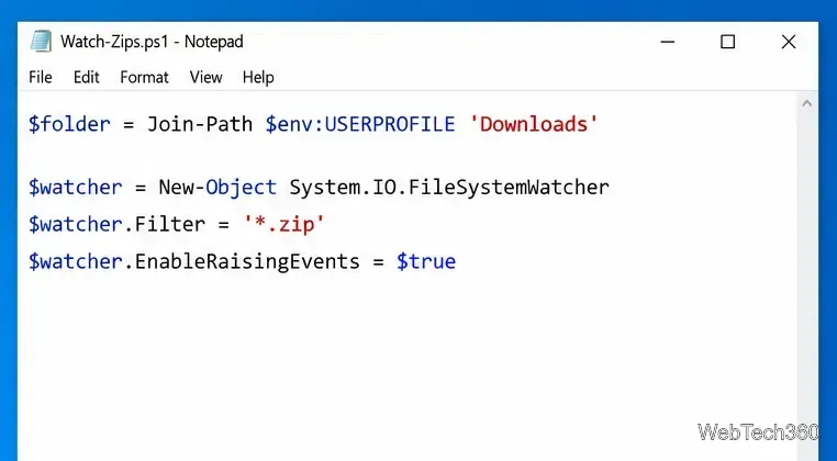 Blocnotes care afișează calea observatorului PowerShell, filtrul de nume de fișier ZIP și setările FileSystemWatcher.