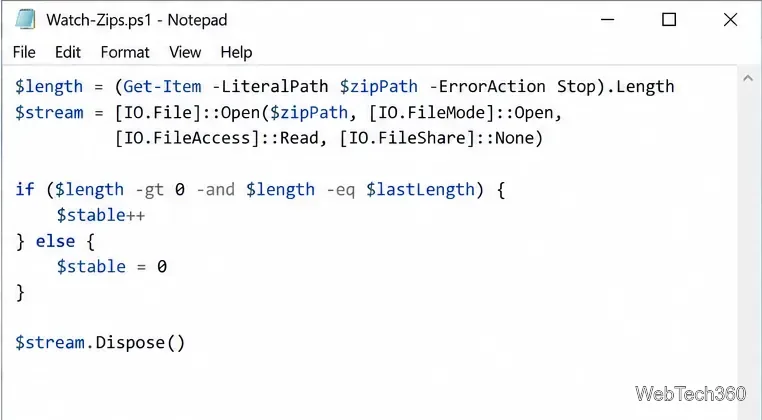 O fereastră Notepad care afișează verificări ale dimensiunii fișierelor ZIP PowerShell și un test exclusiv de deschidere a fișierelor.