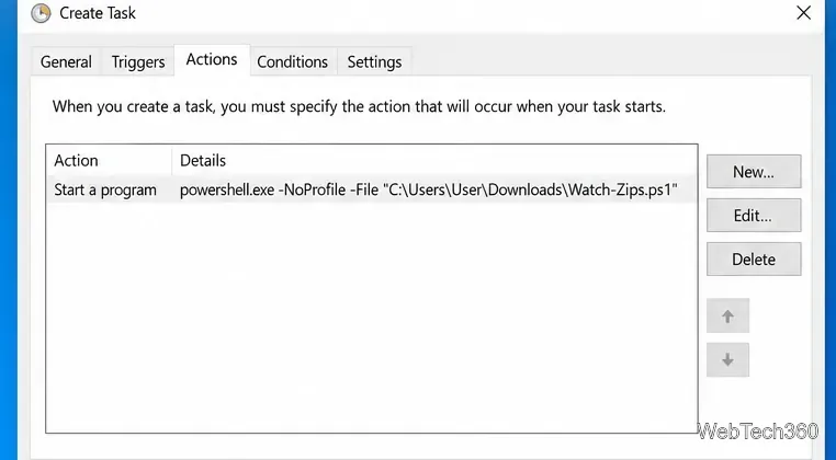 Caseta de dialog Creare sarcină din Planificatorul de activități din fila Acțiuni, cu PowerShell setat să lanseze Watch-Zips.ps1.