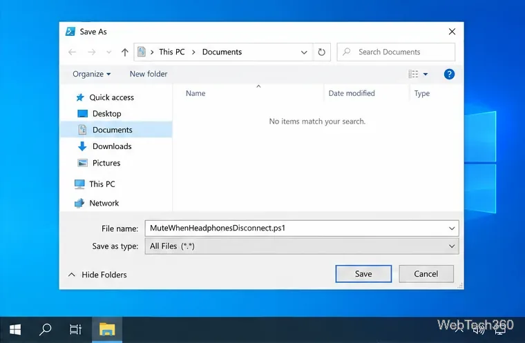 Finestra di dialogo Salva con nome di Windows, nome file MuteWhenHeadphonesDisconnect.ps1 e tipo di file selezionato Tutti i file.