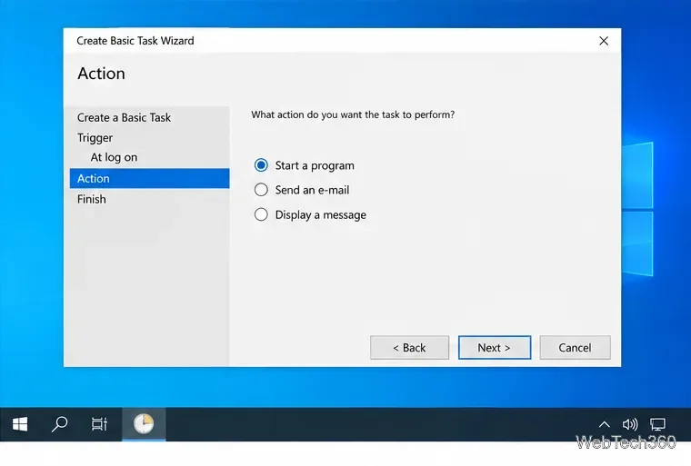 La procedura guidata di base dell'Utilità di pianificazione di Windows mostra "All'accesso" come evento scatenante e "Avvia un programma" come azione selezionata.