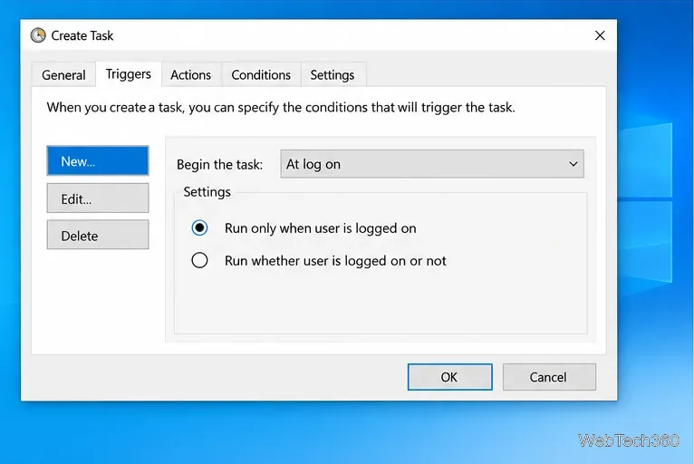 Task Scheduler trigger tab set to begin at logon for the current Windows user.