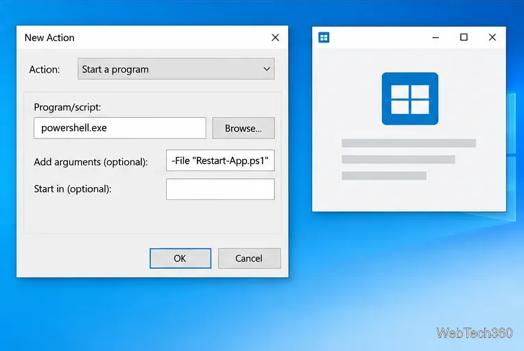 Task Scheduler New Action dialog with powershell.exe as the program and Restart-App.ps1 in arguments, beside an app window.