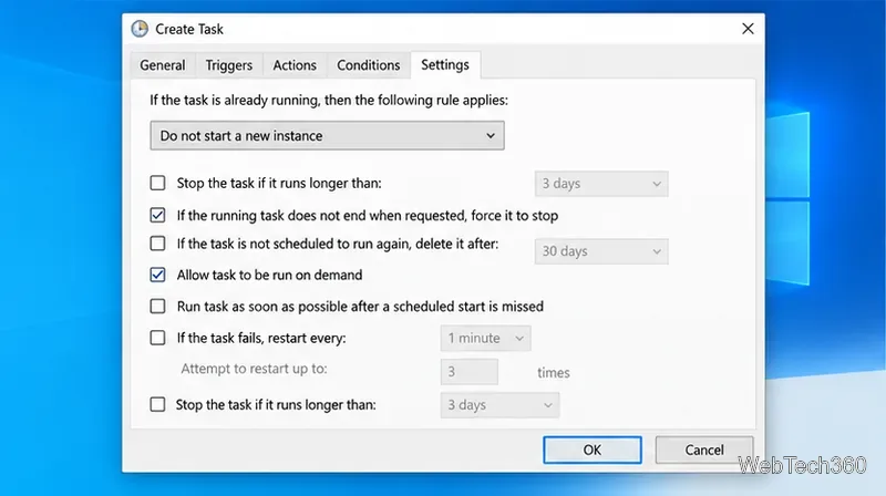 Task Scheduler Settings tab with Do not start a new instance selected.