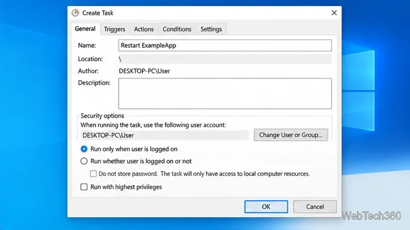 Task Scheduler General tab with Run only when user is logged on selected for the restart task.