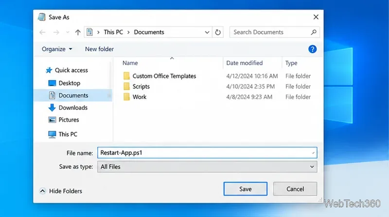 Windows Save As dialog set to save Restart-App.ps1 in Documents with All Files selected.
